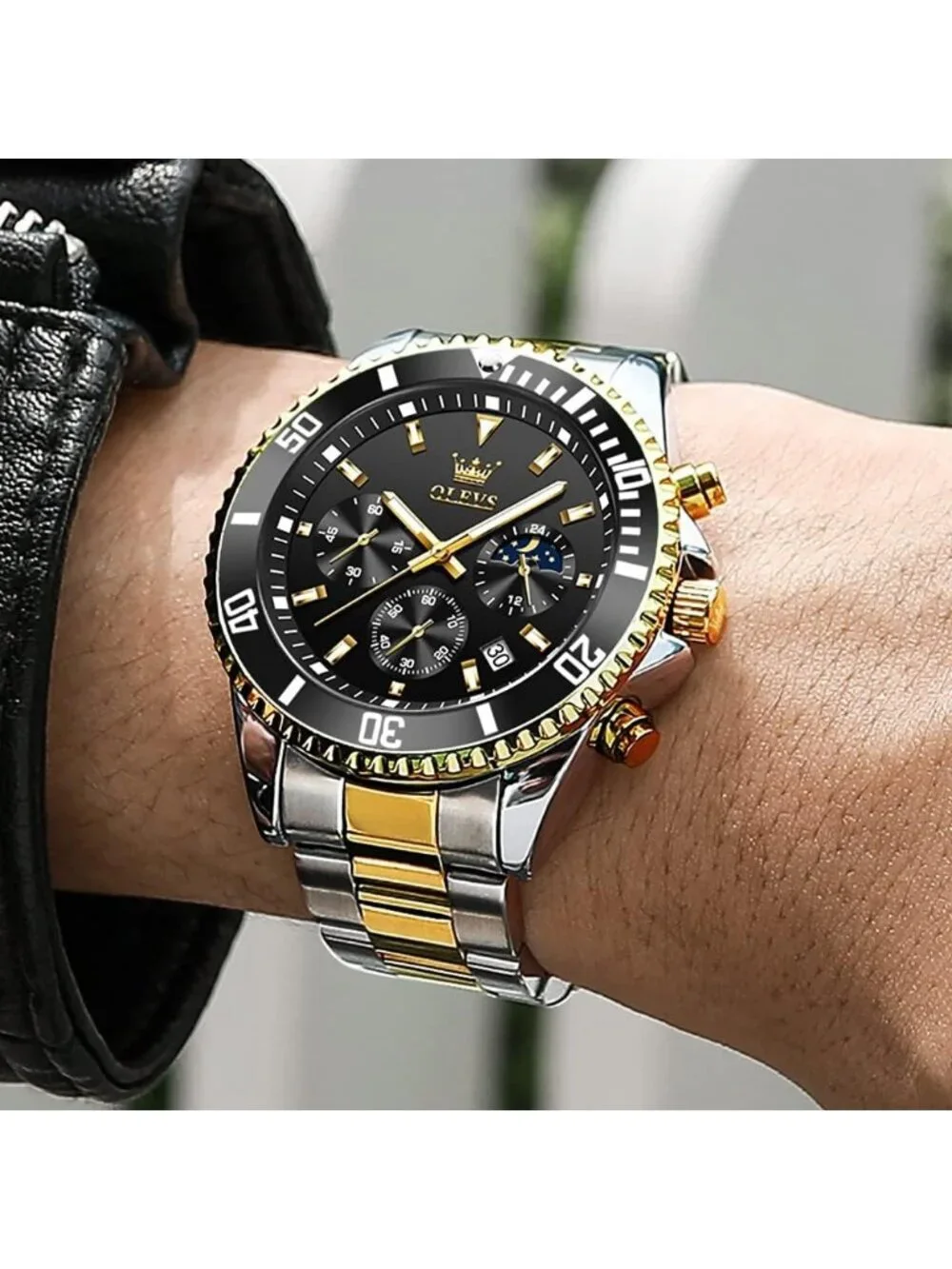 Men's Silver Black Stainless Steel Luxury Chronograph Analog Waterproof Watch